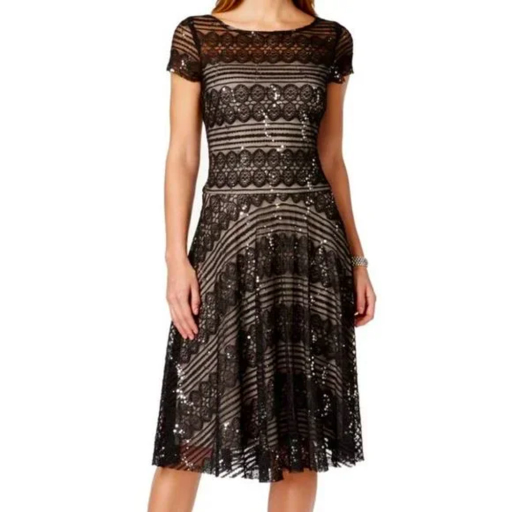 SANGRIA lace sequin black beige sheath dress 8